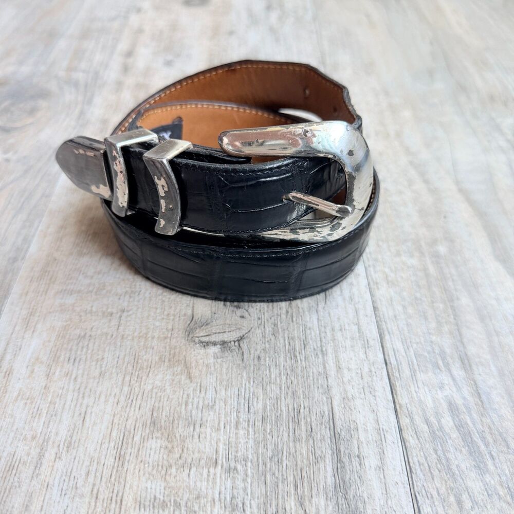 Onyx by Brighton Black Croc Embossed Leather Belt Silver Western Buckle Size 36